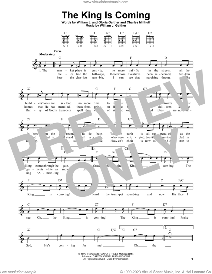 The King Is Coming sheet music for guitar solo (chords) by Bill Gaither, Charles Millhuff, Gloria Gaither and William J. Gaither, easy guitar (chords)