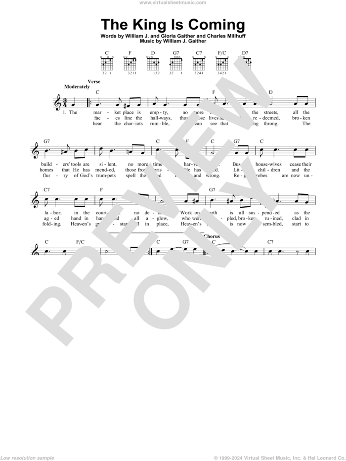 The King Is Coming sheet music for guitar solo (chords) by Bill Gaither, Charles Millhuff, Gloria Gaither and William J. Gaither, easy guitar (chords)