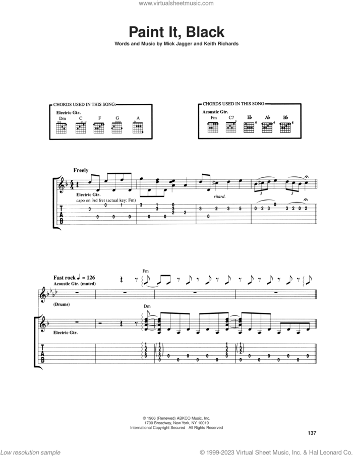 Paint It, Black sheet music for guitar (tablature) by The Rolling Stones, Keith Richards and Mick Jagger, intermediate skill level
