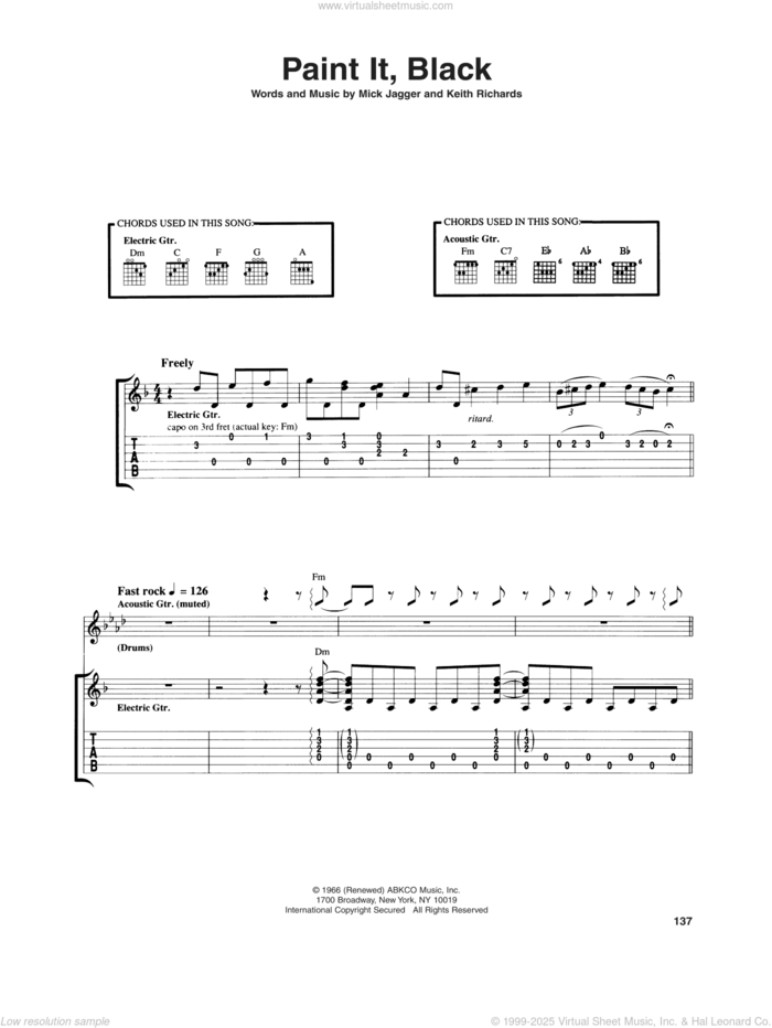 Paint It, Black sheet music for guitar (tablature) by The Rolling Stones, Keith Richards and Mick Jagger, intermediate skill level