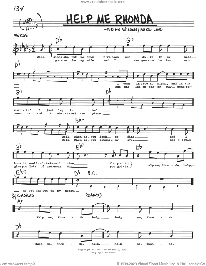 Help Me Rhonda sheet music for voice and other instruments (real book with lyrics) by The Beach Boys, Brian Wilson and Mike Love, intermediate skill level