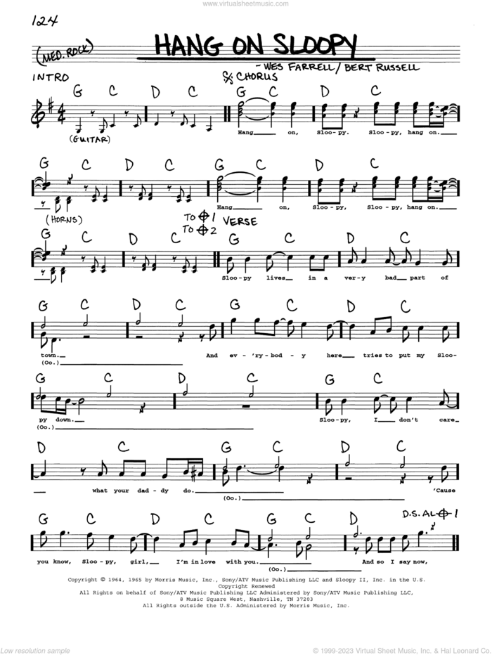Hang On Sloopy sheet music for voice and other instruments (real book with lyrics) by The McCoys, Bert Russell and Wes Farrell, intermediate skill level