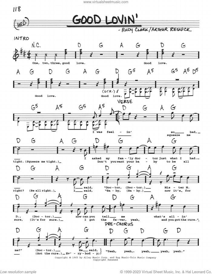 Good Lovin' sheet music for voice and other instruments (real book with lyrics) by The Young Rascals, Arthur Resnick and Rudy Clark, intermediate skill level