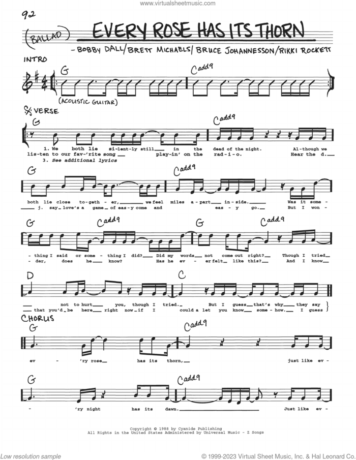 Every Rose Has Its Thorn sheet music for voice and other instruments (real book with lyrics) by Poison, Bobby Dall, Bret Michaels, C.C. Deville and Rikki Rockett, intermediate skill level