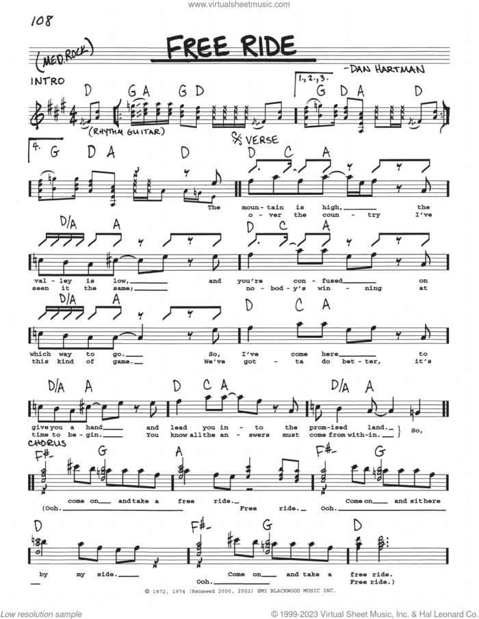 Free Ride sheet music for voice and other instruments (real book with lyrics) by Edgar Winter Group and Dan Hartman, intermediate skill level