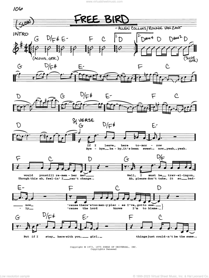 Free Bird sheet music for voice and other instruments (real book with lyrics) by Lynyrd Skynyrd, Allen Collins and Ronnie Van Zant, intermediate skill level