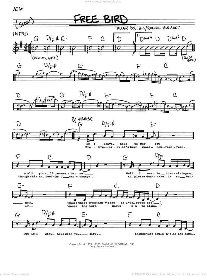 Free Bird sheet music for voice and other instruments (real book with lyrics) by Lynyrd Skynyrd, Allen Collins and Ronnie Van Zant, intermediate skill level