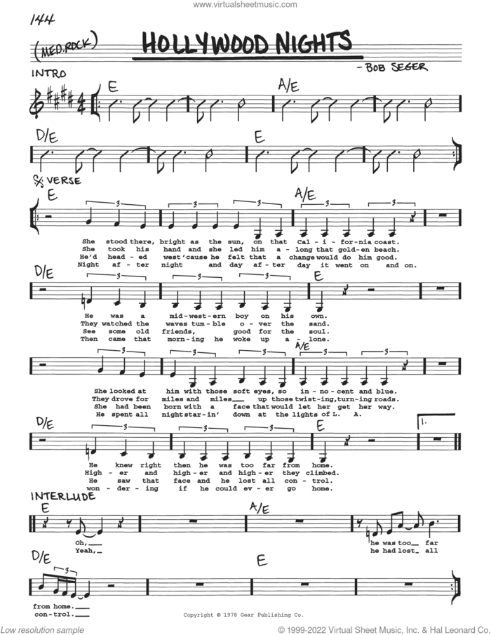 Hollywood Nights sheet music for voice and other instruments (real book with lyrics) by Bob Seger, intermediate skill level