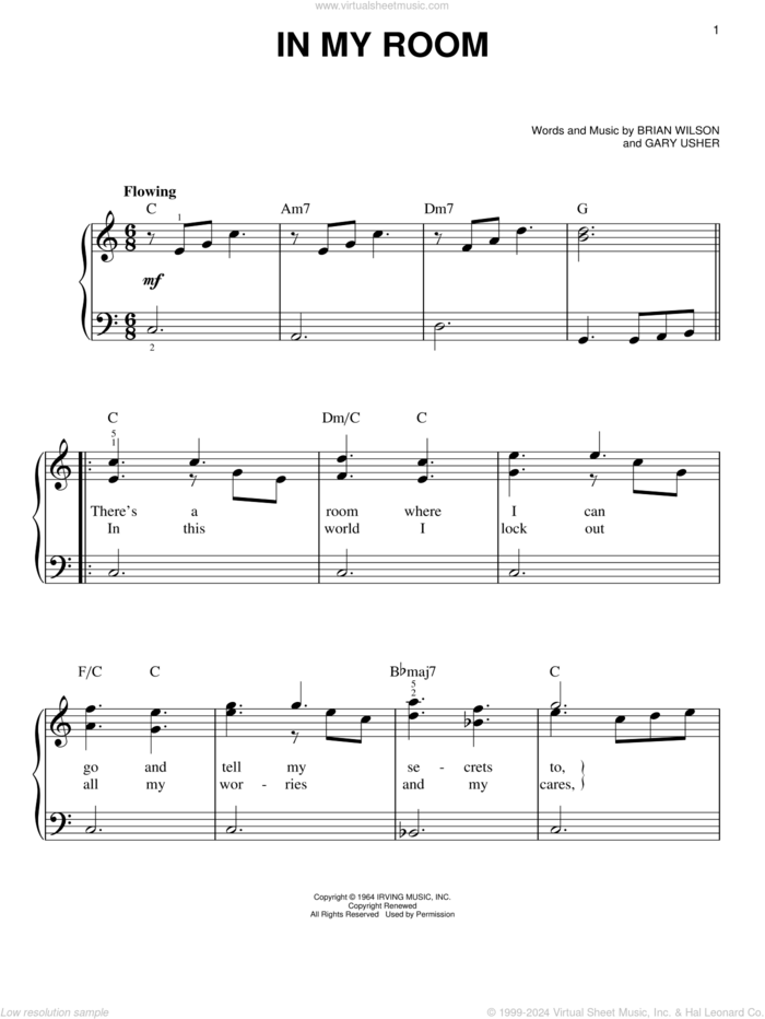 In My Room, (easy) sheet music for piano solo by The Beach Boys, Brian Wilson and Gary Usher, easy skill level