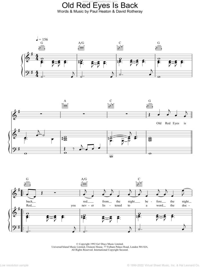 Old Red Eyes Is Back sheet music for voice, piano or guitar by The Beautiful South, intermediate skill level