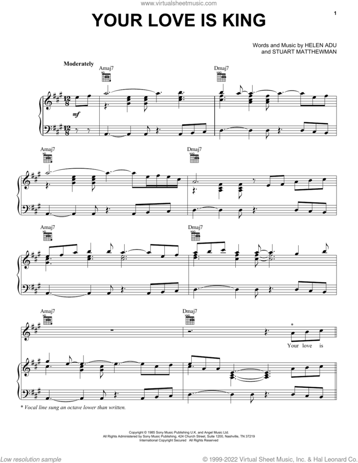 Your Love Is King sheet music for voice, piano or guitar by Sade, Helen Adu and Stuart Matthewman, intermediate skill level