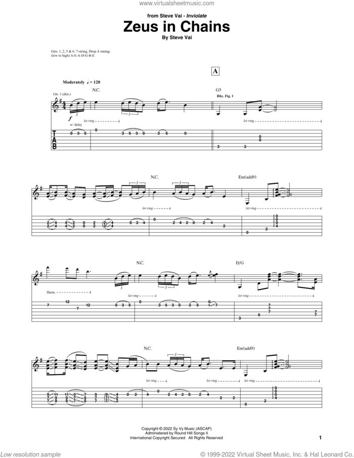 Zeus In Chains sheet music for guitar (tablature) by Steve Vai, intermediate skill level