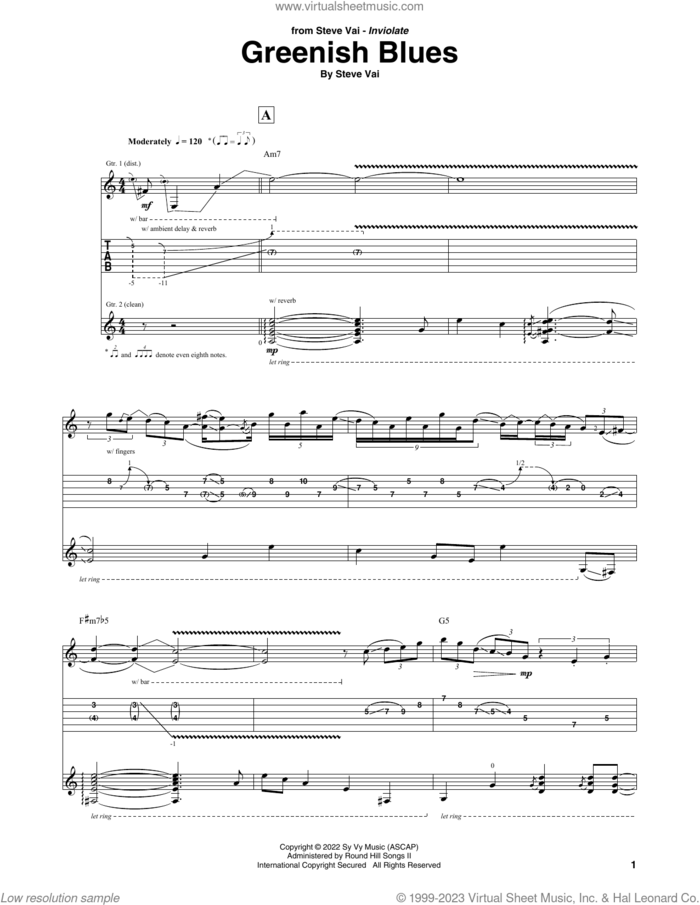 Greenish Blues sheet music for guitar (tablature) by Steve Vai, intermediate skill level