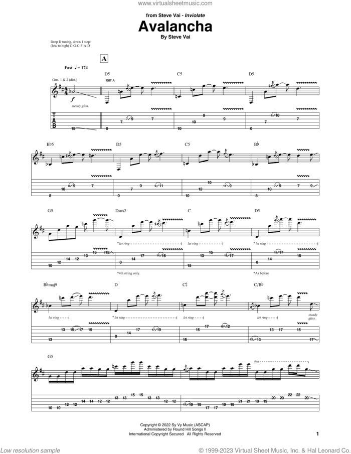 Avalancha sheet music for guitar (tablature) by Steve Vai, intermediate skill level