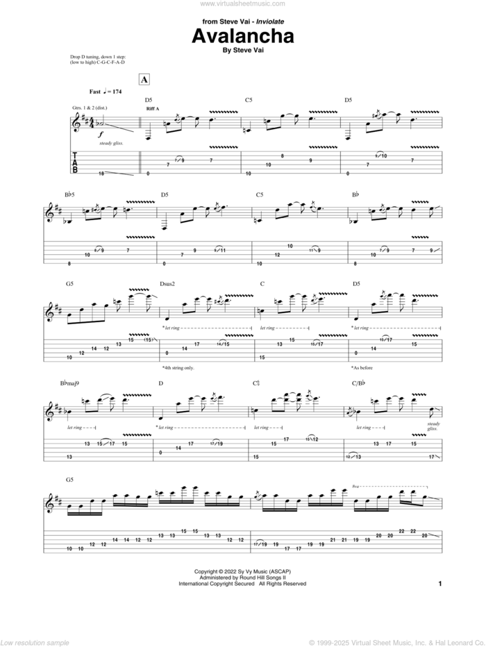 Avalancha sheet music for guitar (tablature) by Steve Vai, intermediate skill level