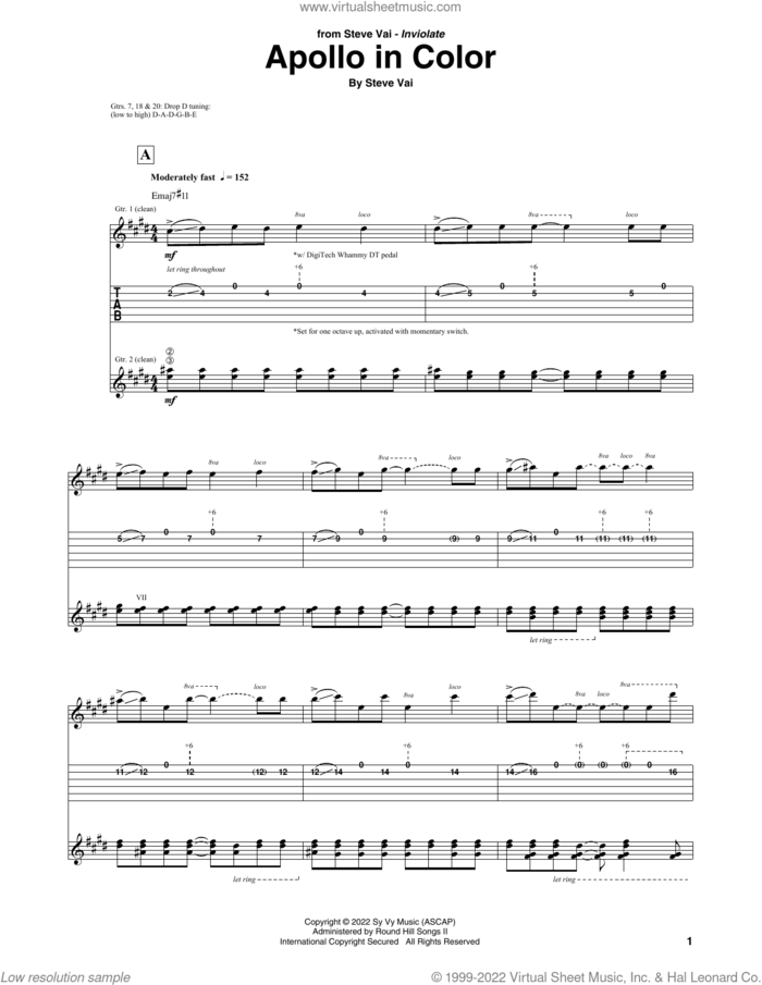 Apollo In Color sheet music for guitar (tablature) by Steve Vai, intermediate skill level