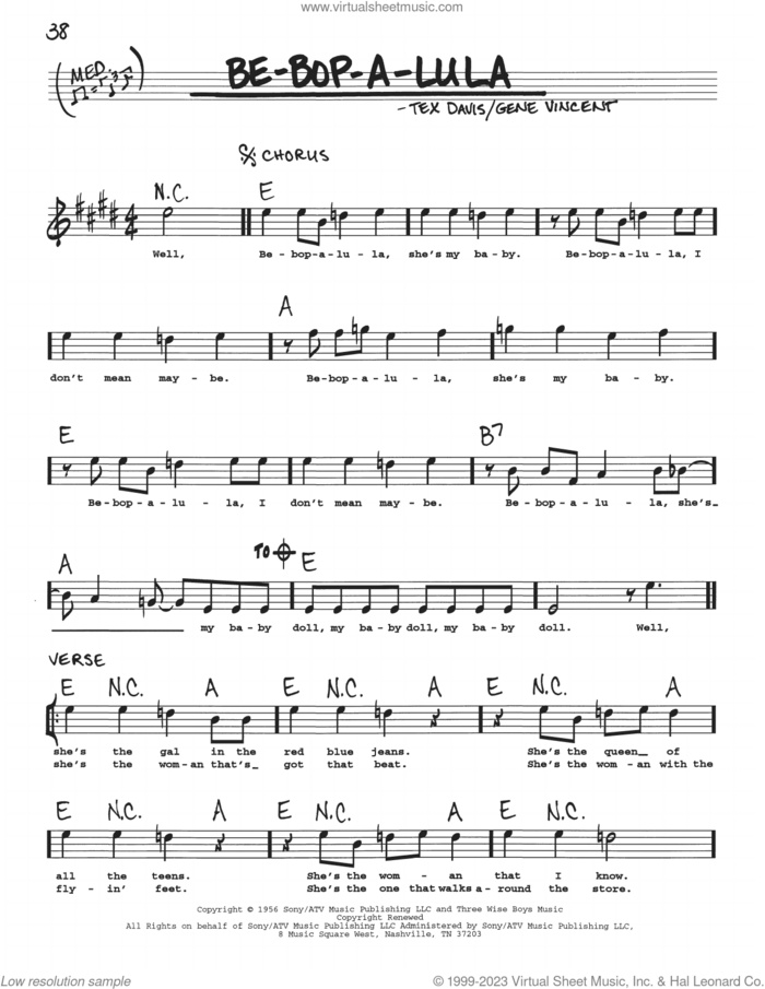 Be-Bop-A-Lula sheet music for voice and other instruments (real book with lyrics) by Gene Vincent and Tex Davis, intermediate skill level