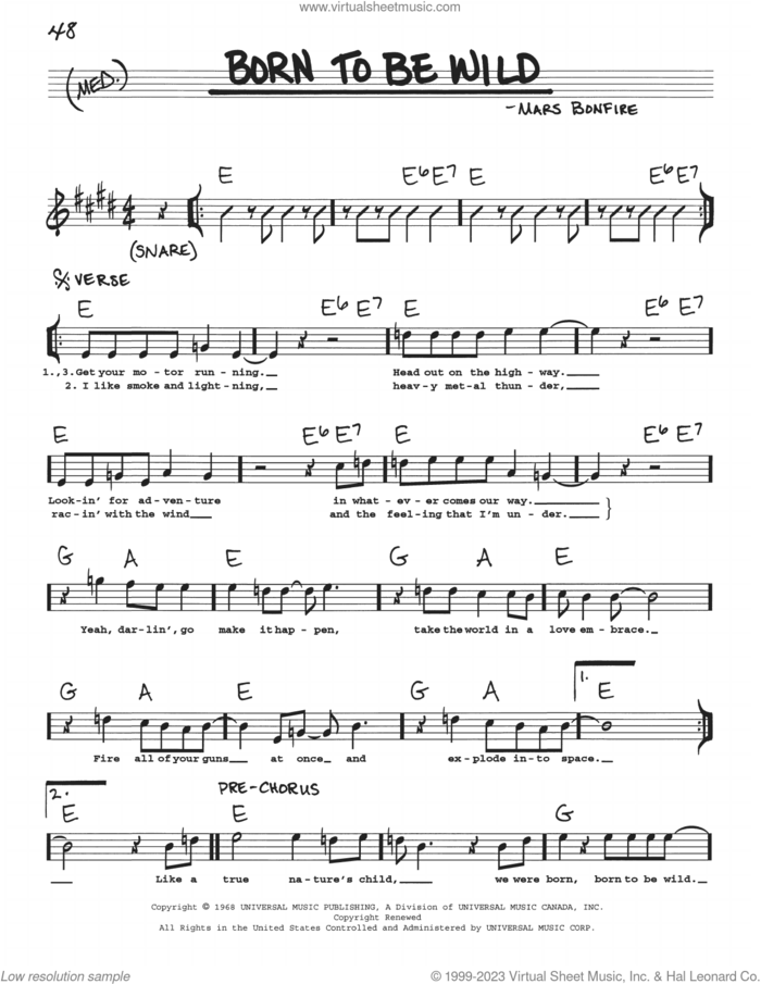Born To Be Wild sheet music for voice and other instruments (real book with lyrics) by Steppenwolf and Mars Bonfire, intermediate skill level