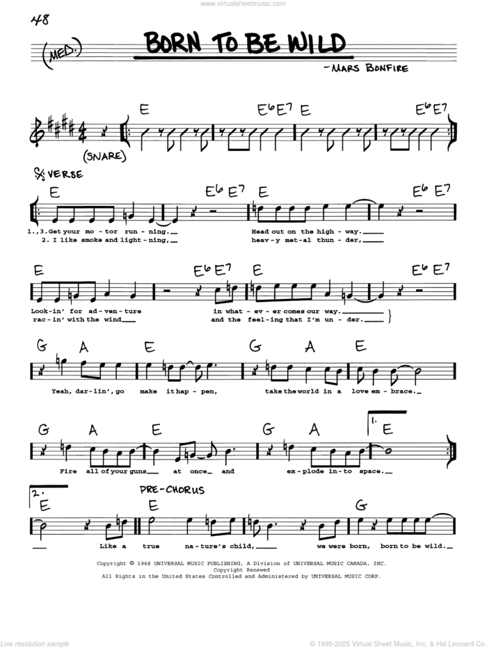 Born To Be Wild sheet music for voice and other instruments (real book with lyrics) by Steppenwolf and Mars Bonfire, intermediate skill level