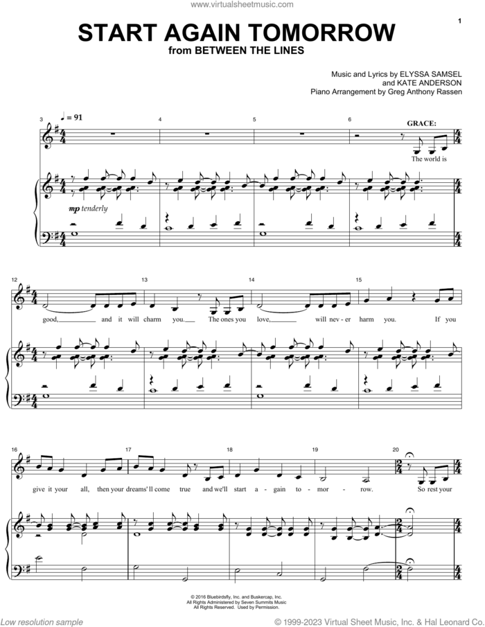 Start Again Tomorrow (from Between The Lines) sheet music for voice and piano by Elyssa Samsel & Kate Anderson, Elyssa Samsel and Kate Anderson, intermediate skill level
