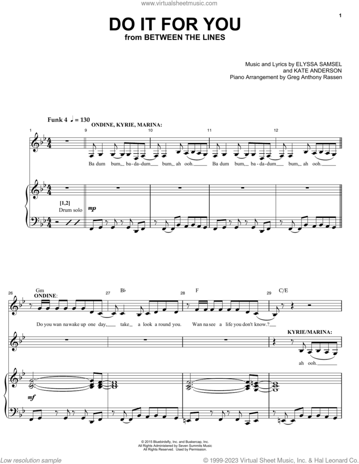 Do It For You (from Between The Lines) sheet music for voice and piano by Elyssa Samsel & Kate Anderson, Elyssa Samsel and Kate Anderson, intermediate skill level