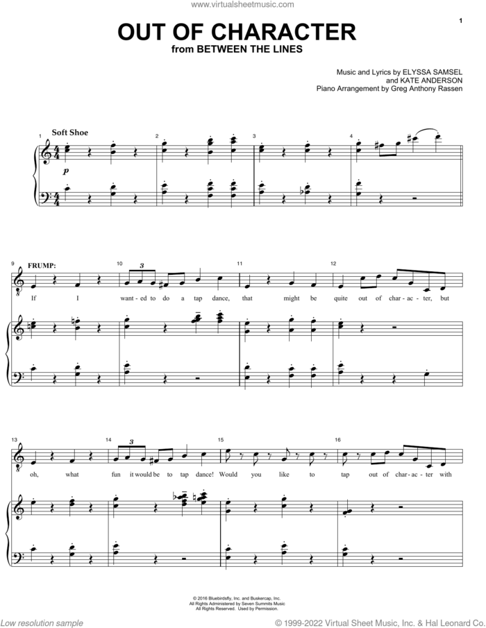 Out Of Character (from Between The Lines) sheet music for voice and piano by Elyssa Samsel & Kate Anderson, Elyssa Samsel and Kate Anderson, intermediate skill level