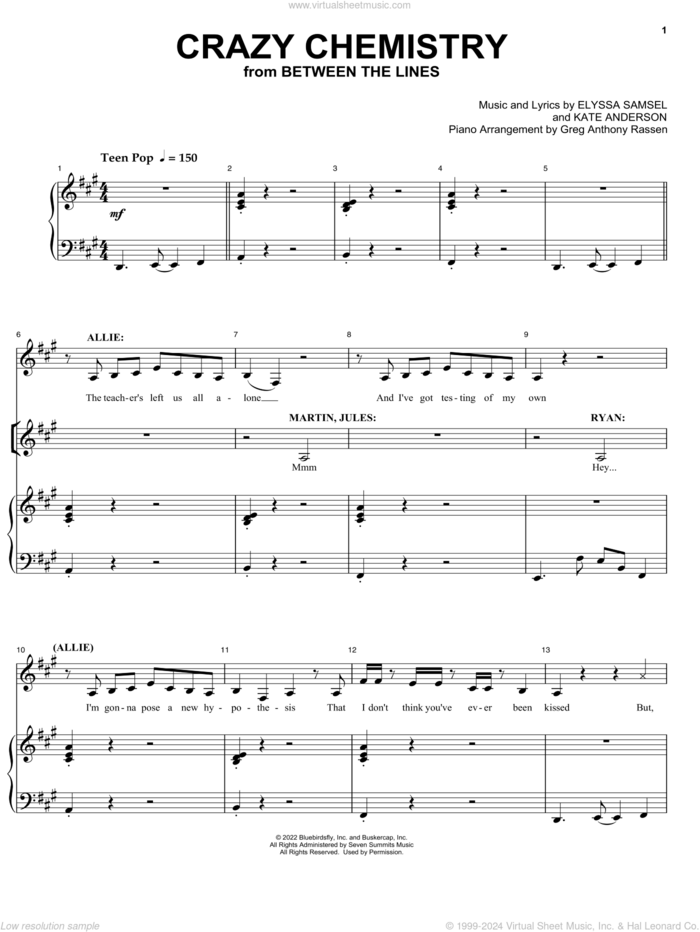 Crazy Chemistry (from Between The Lines) sheet music for voice and piano by Elyssa Samsel & Kate Anderson, Elyssa Samsel and Kate Anderson, intermediate skill level