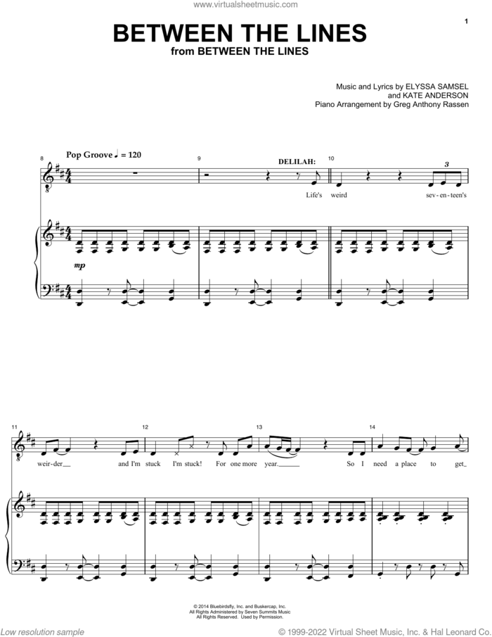 Between The Lines (from Between The Lines) sheet music for voice and piano by Elyssa Samsel & Kate Anderson, Elyssa Samsel and Kate Anderson, intermediate skill level