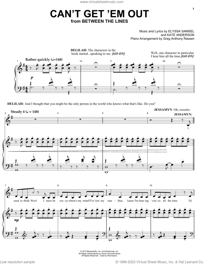 Can't Get 'Em Out (from Between The Lines) sheet music for voice and piano by Elyssa Samsel & Kate Anderson, Elyssa Samsel and Kate Anderson, intermediate skill level