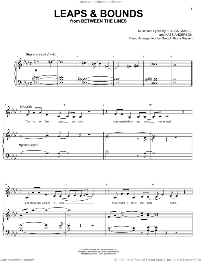 Leaps and Bounds (from Between The Lines) sheet music for voice and piano by Elyssa Samsel & Kate Anderson, Elyssa Samsel and Kate Anderson, intermediate skill level