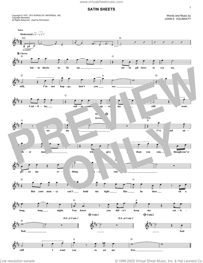 Satin Sheets sheet music for voice and other instruments (fake book) by Jeanne Pruett and John E. Volinkaty, intermediate skill level
