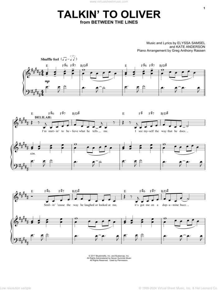Talkin' To Oliver (from Between The Lines) sheet music for voice and piano by Elyssa Samsel & Kate Anderson, Elyssa Samsel and Kate Anderson, intermediate skill level