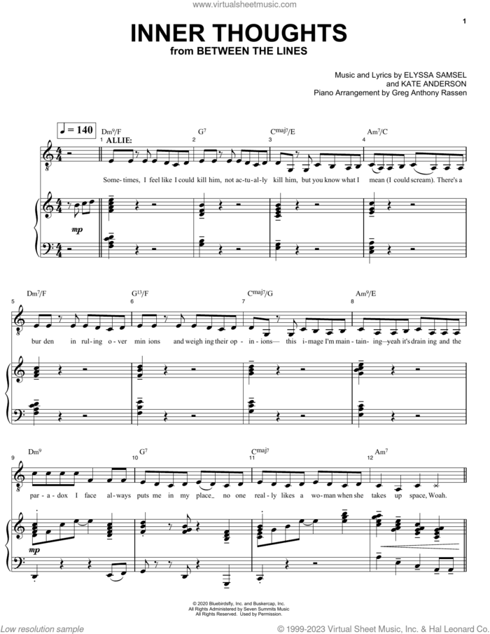 Inner Thoughts (from Between The Lines) sheet music for voice and piano by Elyssa Samsel & Kate Anderson, Elyssa Samsel and Kate Anderson, intermediate skill level