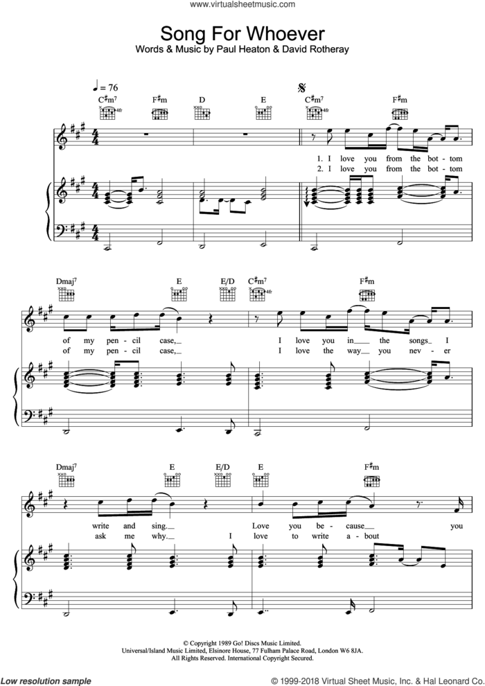 Song For Whoever sheet music for voice, piano or guitar by The Beautiful South, David Rotheray and Paul Heaton, intermediate skill level