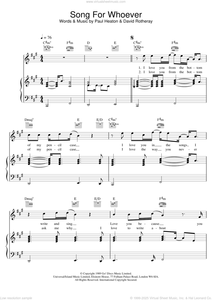 Song For Whoever sheet music for voice, piano or guitar by The Beautiful South, David Rotheray and Paul Heaton, intermediate skill level