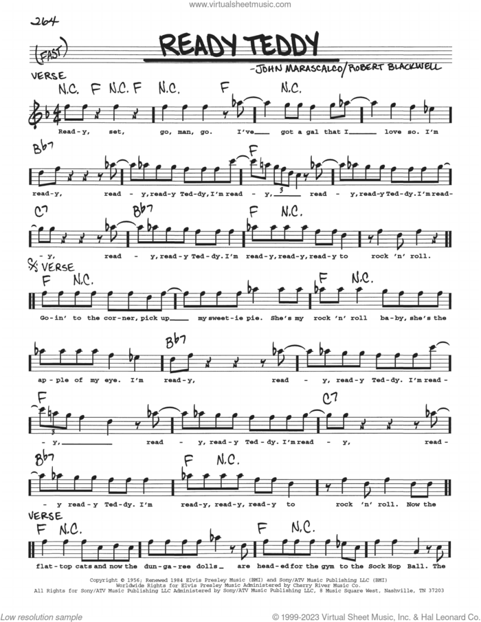 Ready Teddy sheet music for voice and other instruments (real book with lyrics) by Little Richard, Elvis Presley, John Marascalo and Robert Blackwell, intermediate skill level