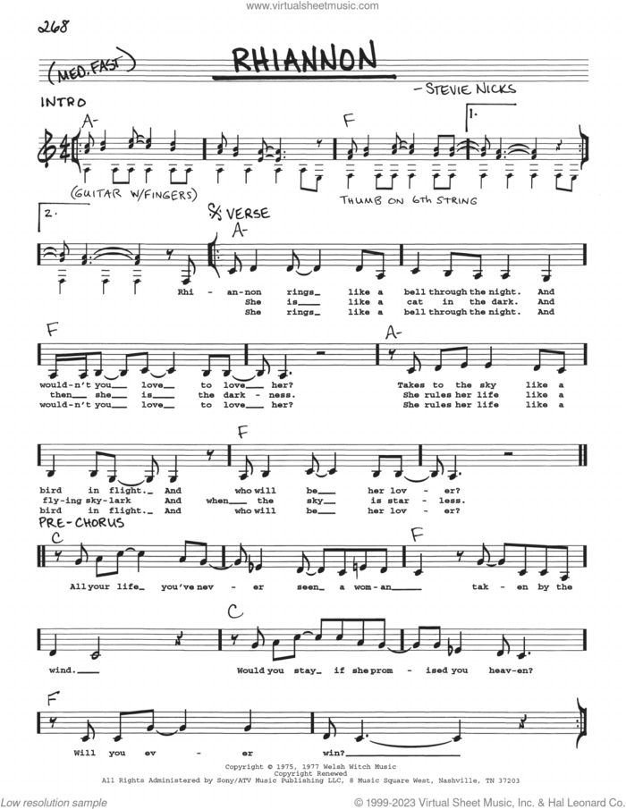 Rhiannon sheet music for voice and other instruments (real book with lyrics) by Fleetwood Mac and Stevie Nicks, intermediate skill level