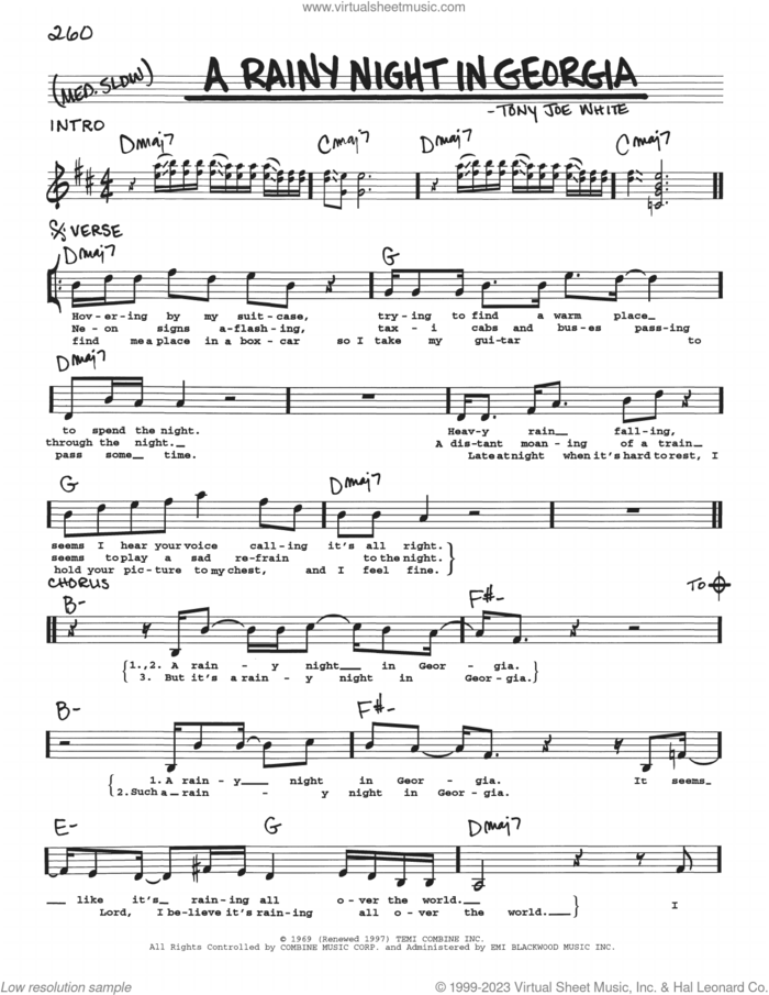 A Rainy Night In Georgia sheet music for voice and other instruments (real book with lyrics) by Brook Benton and Tony Joe White, intermediate skill level