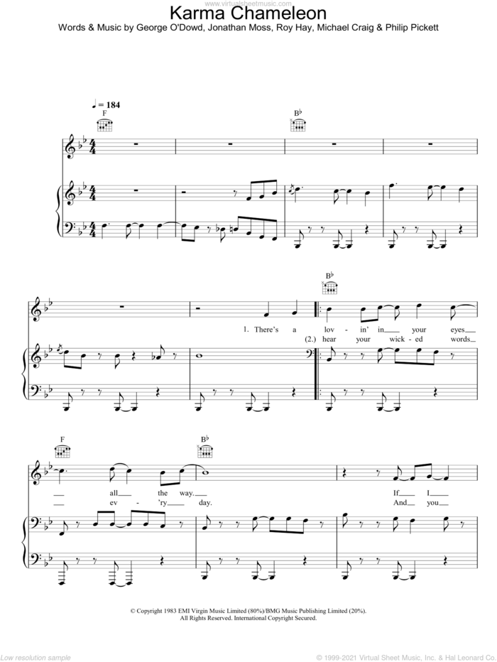 Karma Chameleon sheet music for voice, piano or guitar by Culture Club, intermediate skill level