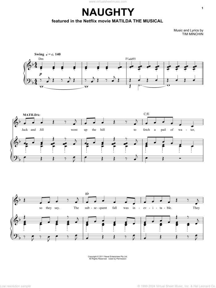 Naughty (from the Netflix movie Matilda The Musical) sheet music for voice and piano by Tim Minchin, intermediate skill level
