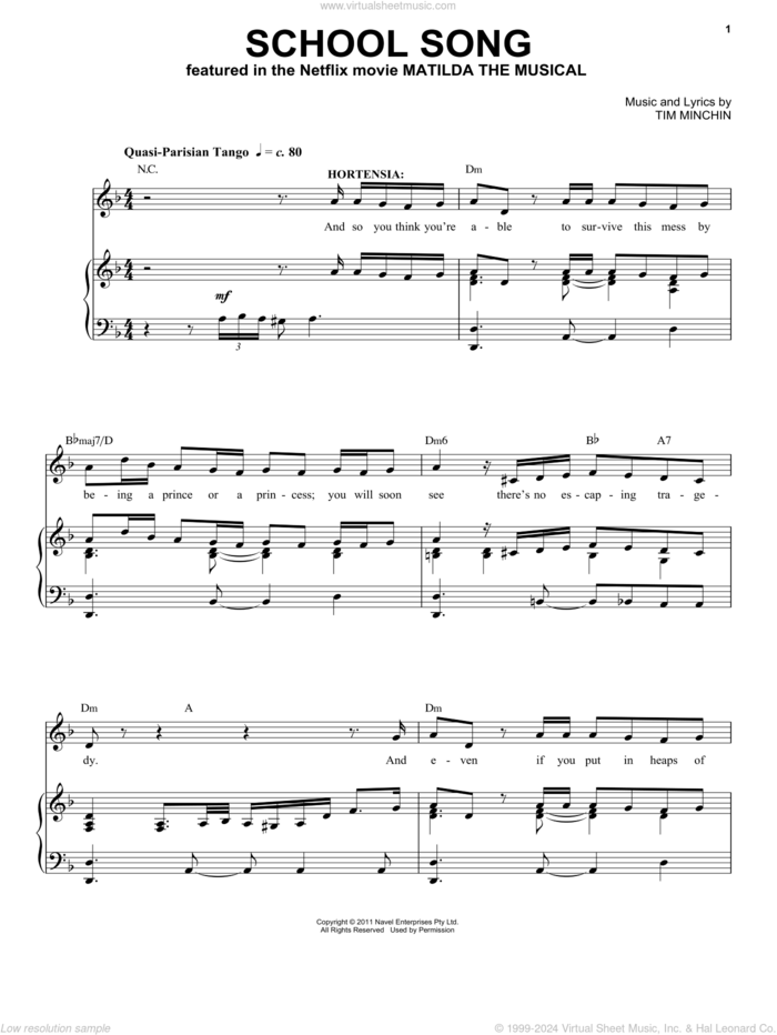 School Song (from the Netflix movie Matilda The Musical) sheet music for voice and piano by Tim Minchin, intermediate skill level