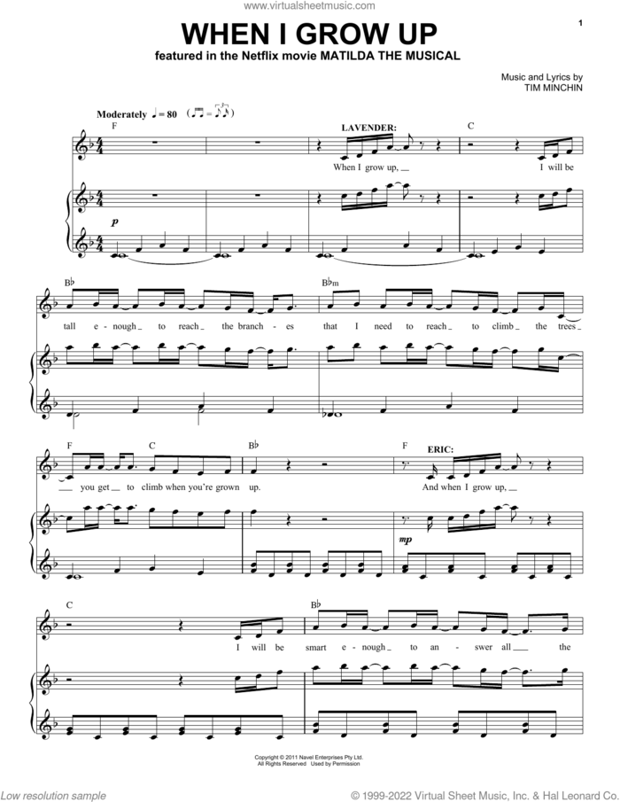 When I Grow Up (from the Netflix movie Matilda The Musical) sheet music for voice and piano by Tim Minchin, intermediate skill level