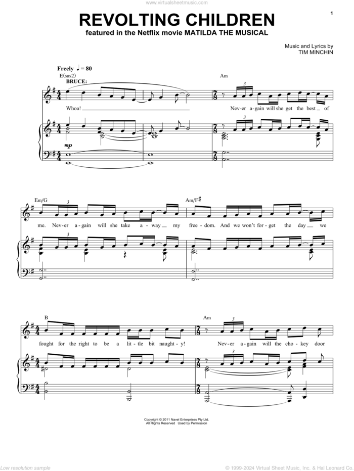 Revolting Children (from the Netflix movie Matilda The Musical) sheet music for voice and piano by Tim Minchin, intermediate skill level