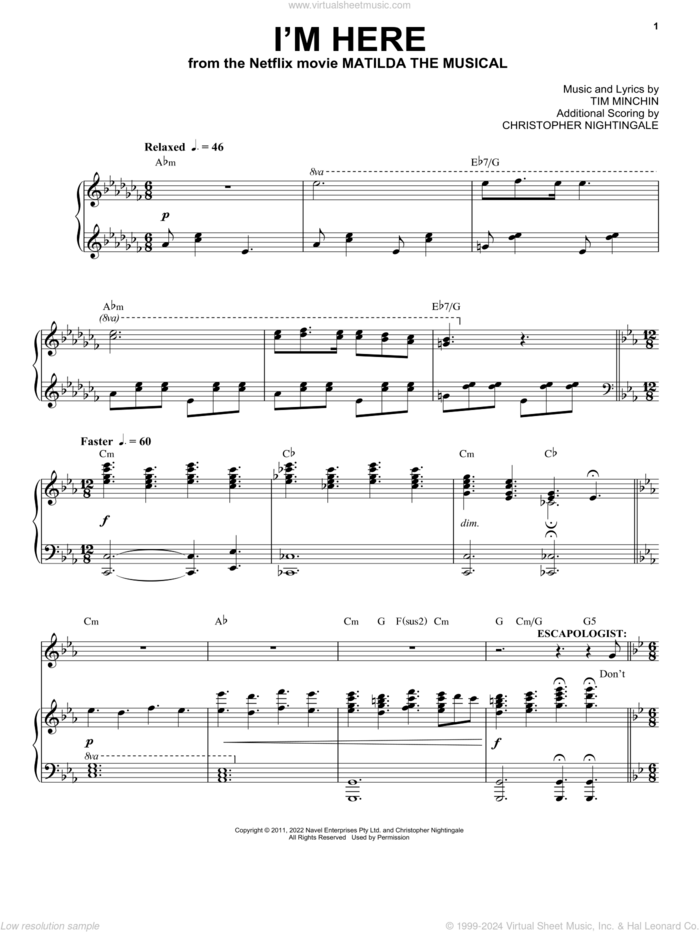 I'm Here (from the Netflix movie Matilda The Musical) sheet music for voice and piano by Tim Minchin and Chris Nightingale, intermediate skill level