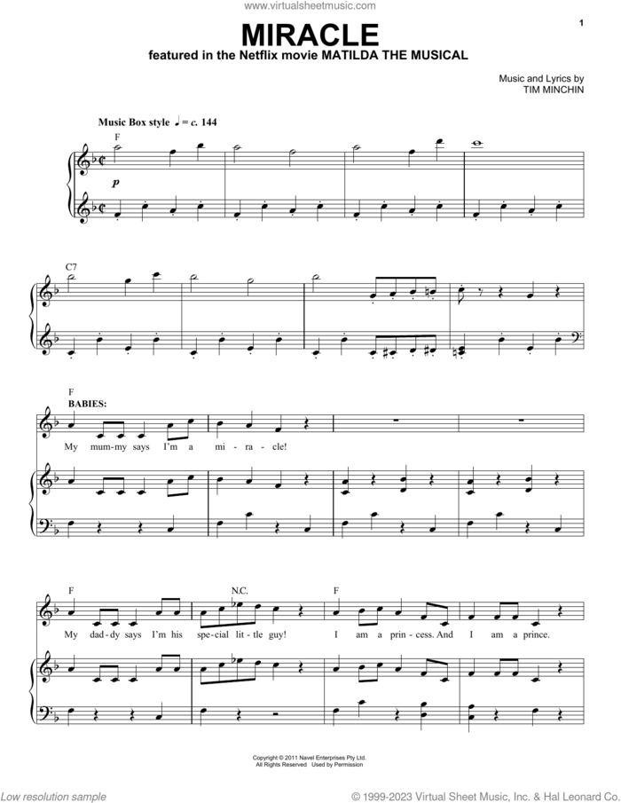 Miracle (from the Netflix movie Matilda The Musical) sheet music for voice and piano by Tim Minchin, intermediate skill level