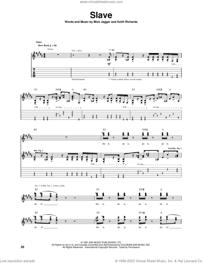 Slave sheet music for guitar (tablature) by The Rolling Stones, Keith Richards and Mick Jagger, intermediate skill level