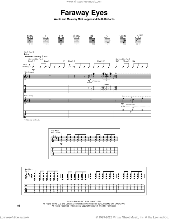 Faraway Eyes sheet music for guitar (tablature) by The Rolling Stones, Keith Richards and Mick Jagger, intermediate skill level