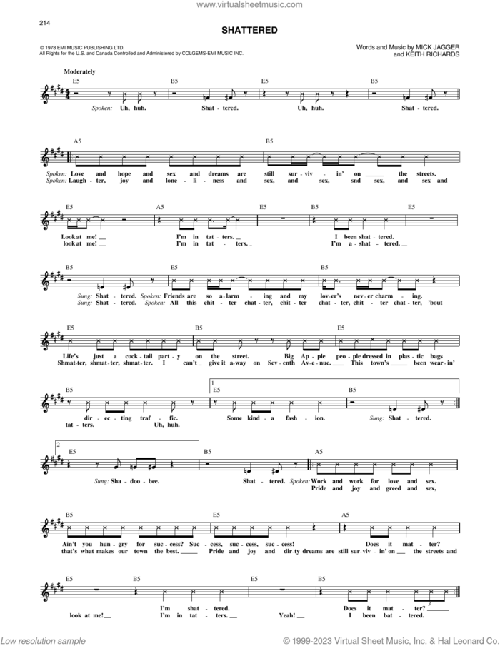 Shattered sheet music for voice and other instruments (fake book) by The Rolling Stones, Keith Richards and Mick Jagger, intermediate skill level