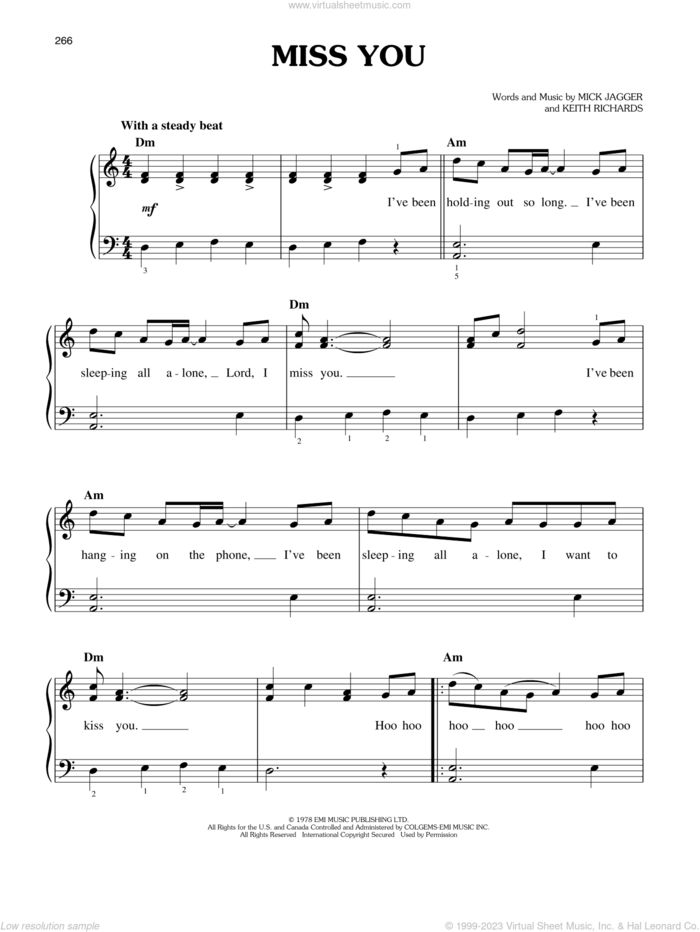 Miss You sheet music for piano solo by The Rolling Stones, Keith Richards and Mick Jagger, easy skill level
