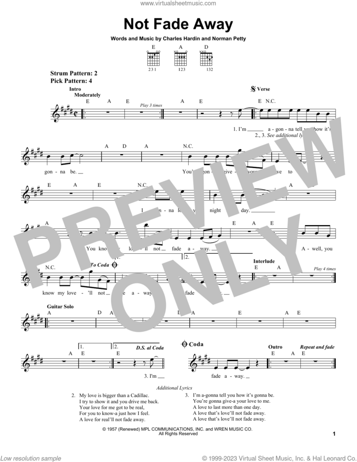 Not Fade Away sheet music for guitar solo (chords) by The Rolling Stones, Sheryl Crow, Charles Hardin and Norman Petty, easy guitar (chords)